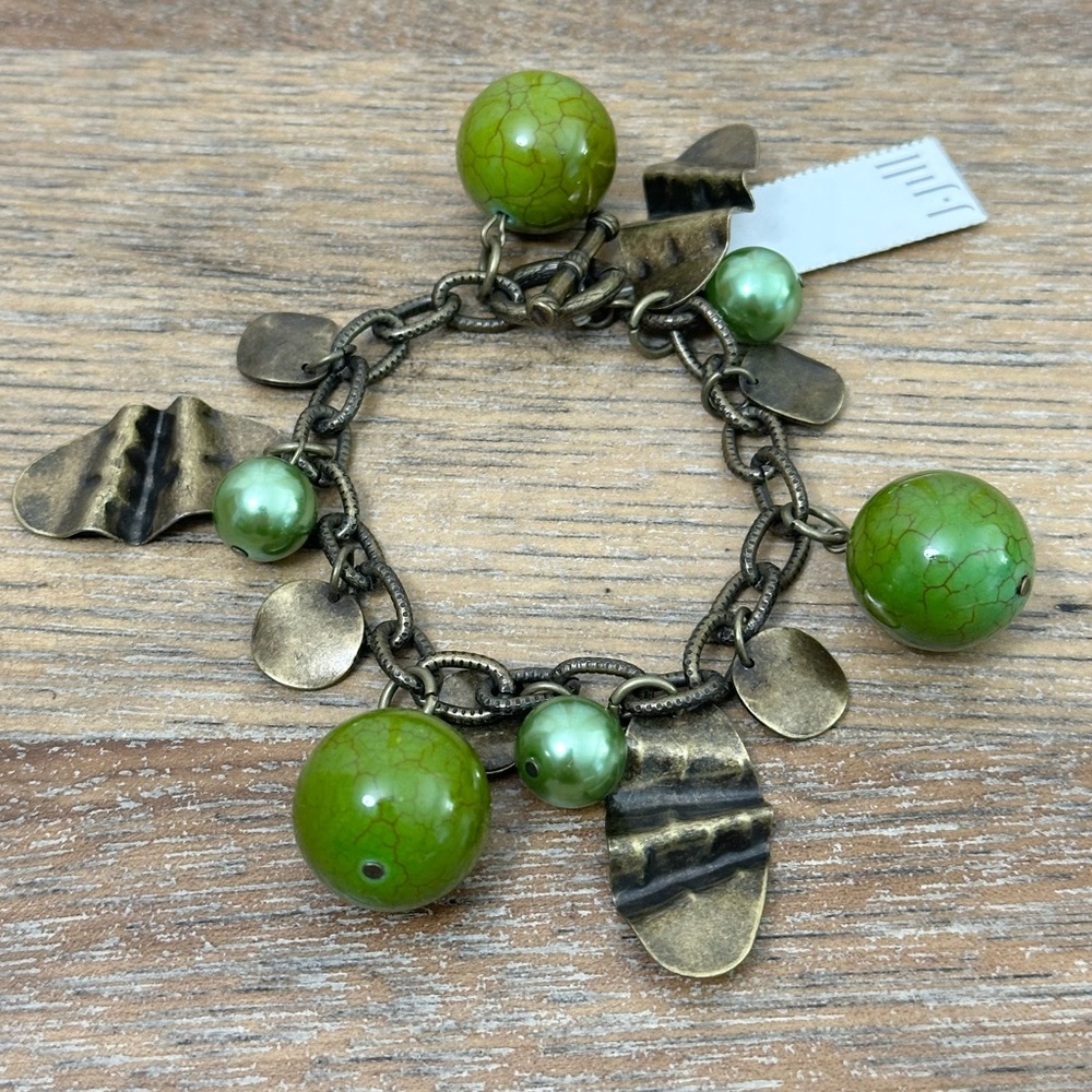 Vintage-Inspired J. Jill Bronze and Green Stone Beaded Bracelet